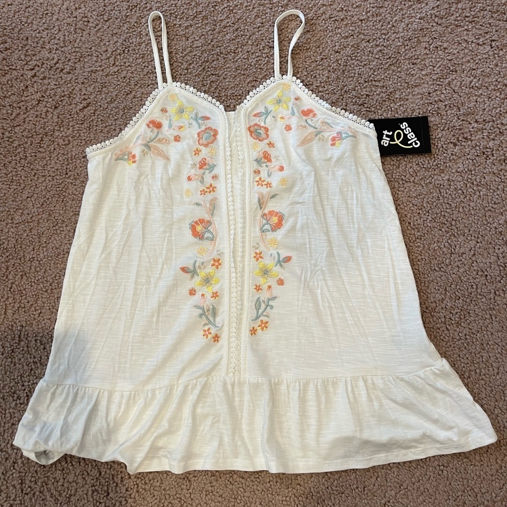 ART CLASS Girls Embroidered Floral Boho White Tank Top
